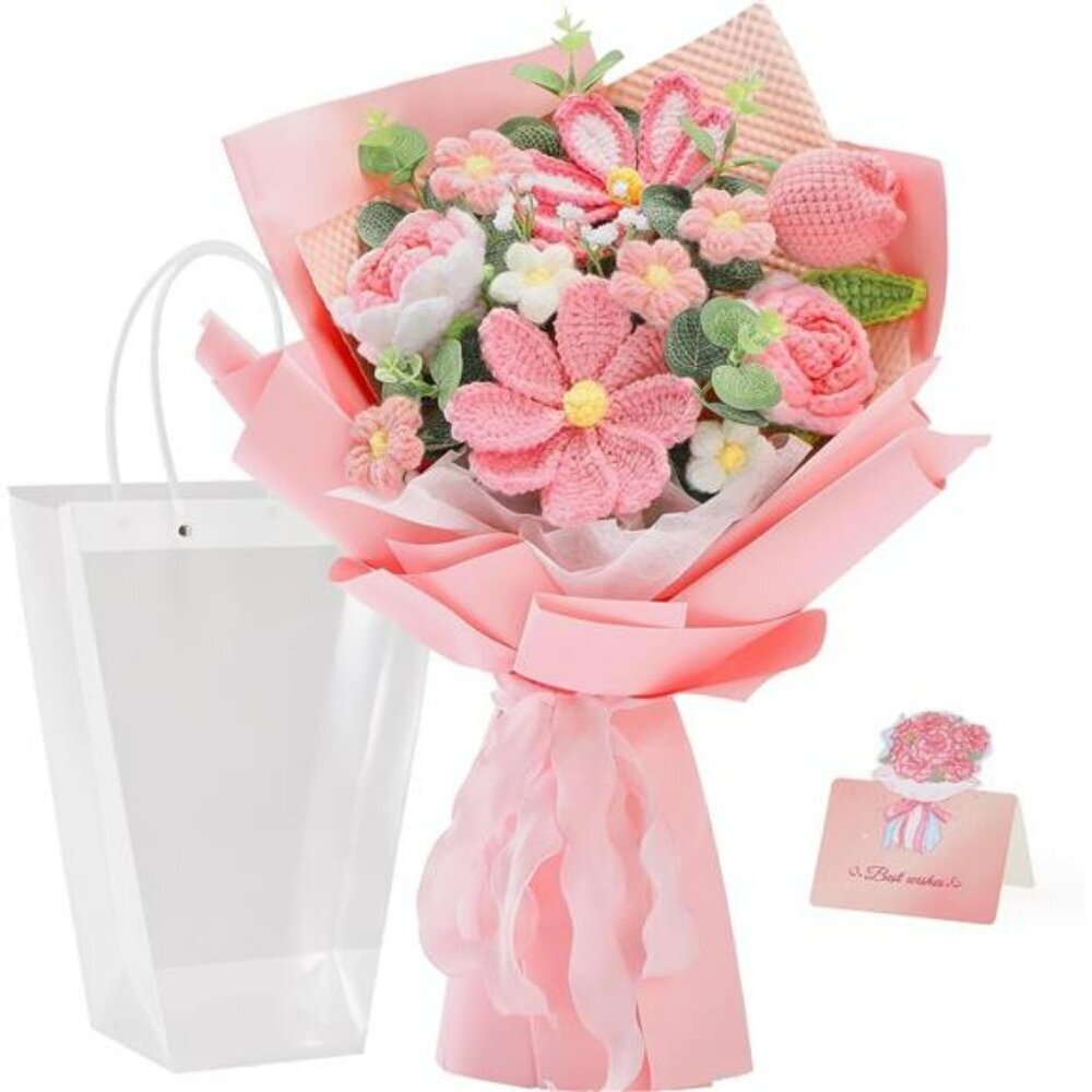 Crochet Flower Bouquet Handmade Pink Knitted Tulips Roses Gifts for Birthday Mot